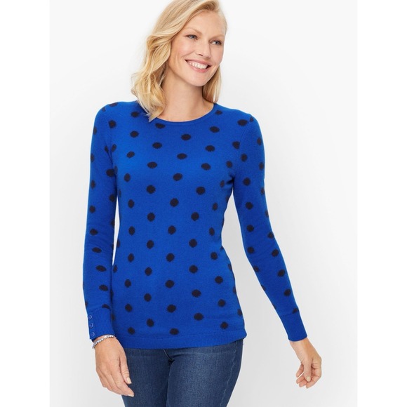 Talbots Cashmere Button Cuff Crew Neck Sweater Royal Blue Polka Dot Size L - Picture 1 of 9
